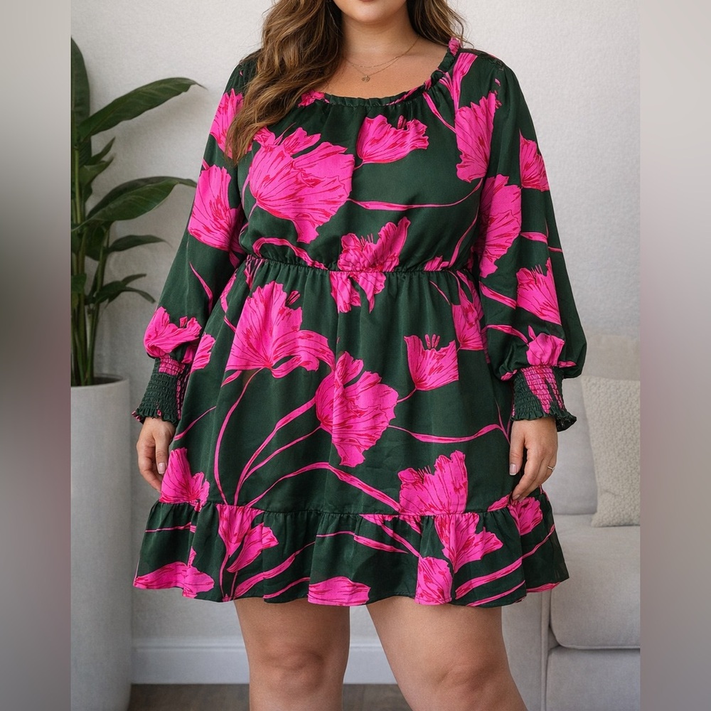 Sugarlips Womens Eartha Floral Satin Ruffle Dress Rich Green Pink Boho